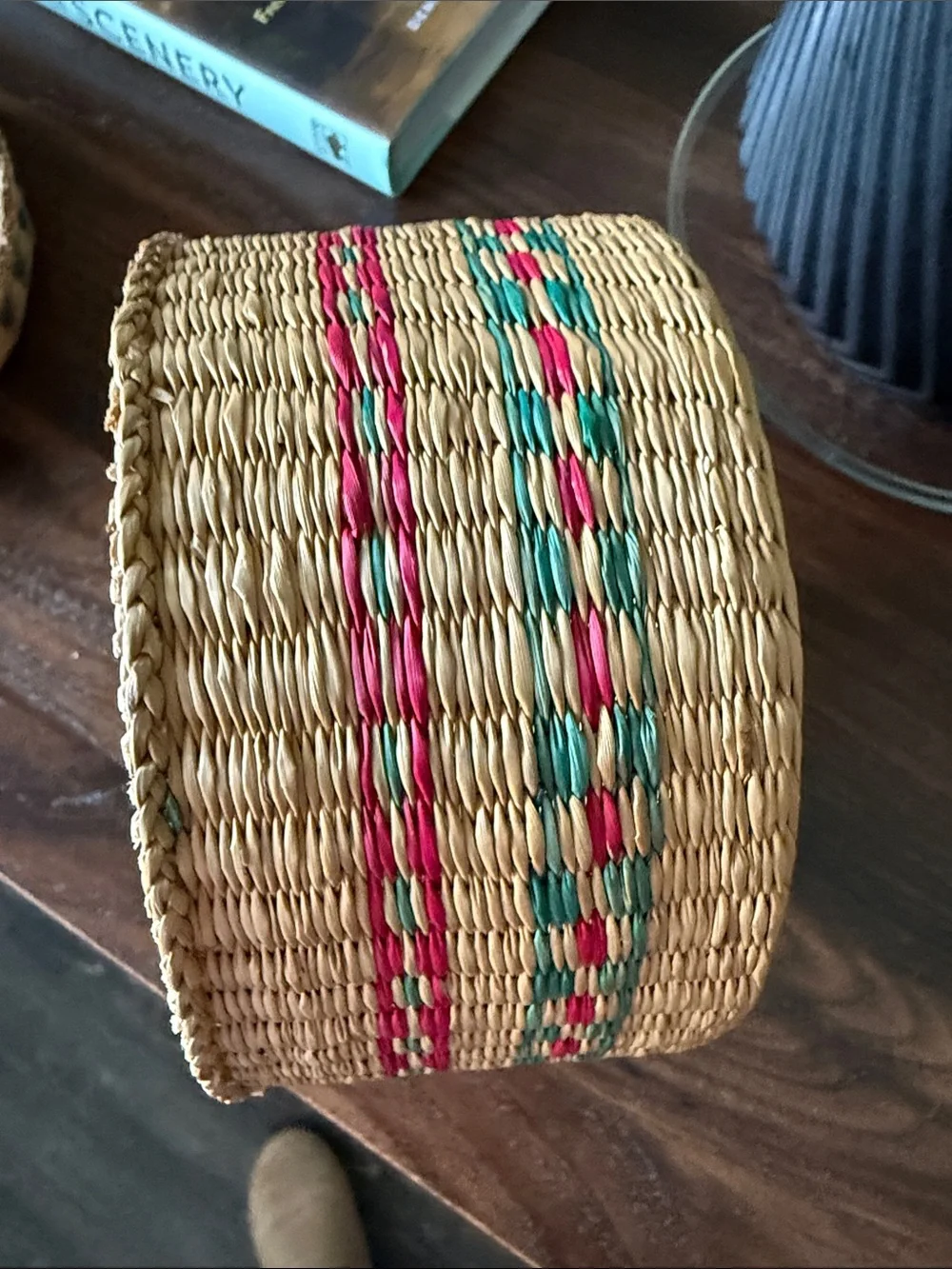 Handwoven Natural Straw Small Storage Basket with Red and Teal Boho Rustic